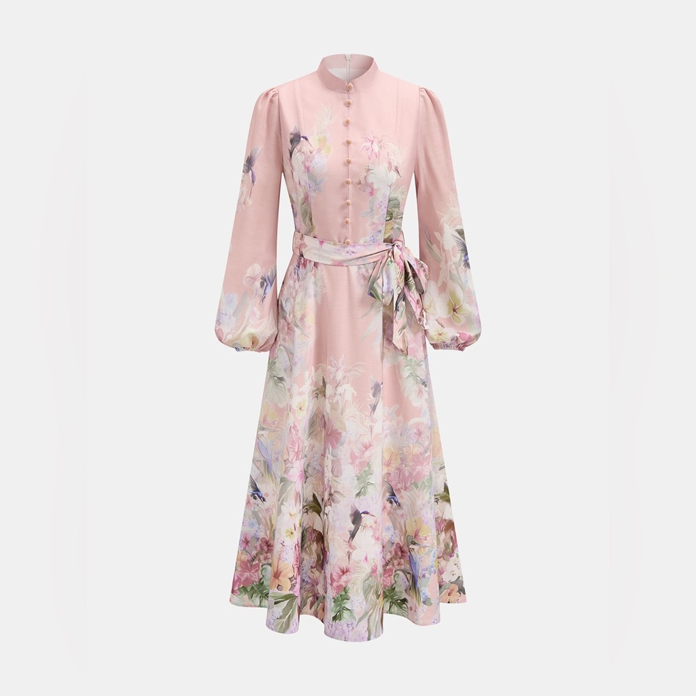 Elegant Pink Floral Long Sleeve Midi Dress